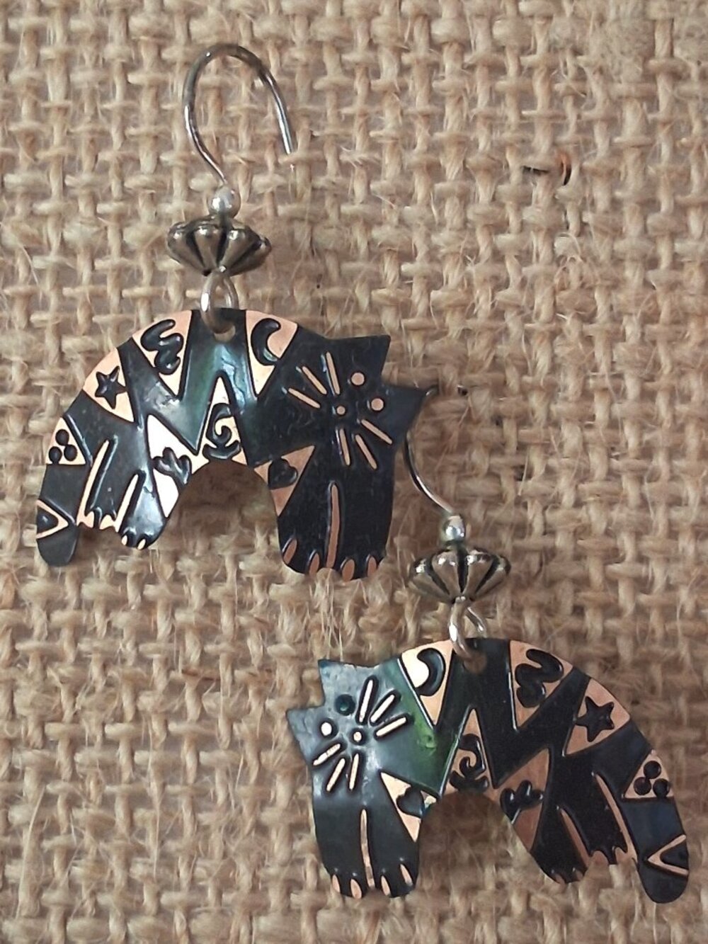 Copper Celestial Cat Dangle Earrings Textured Folk Art Boho Jewelry